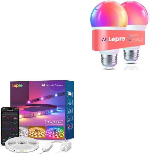 Lepro Bundle - 2 Items : B1 AI Smart Light Bulbs 2 Pack & S2 32.8ft AI Smart LED Strip Lights