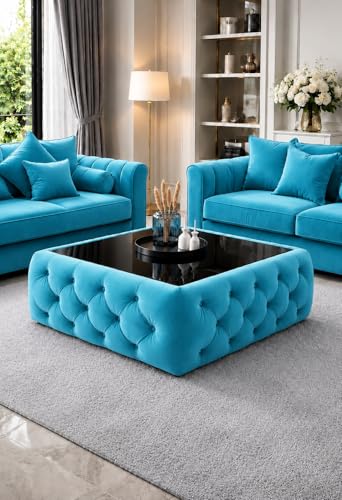 Image of Premium Tufted Upholstered Coffee Table with Mica Top - Modern Square Ottoman Center Table, Soft Velvet Finish, Luxury Living Room Furniture - 30 x 30 x 18 Inch (Sea Blue)