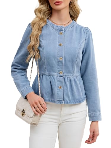 Jean Jacket for Women Peplum Hem Puff Long Sleeve Button Down Collarless Round Neck Denim Jacket Top2