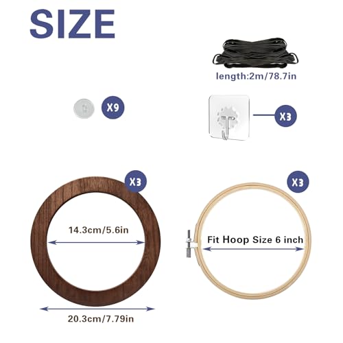 Image of 3 Sets Solid Wood Embroidery Frames with Bamboo Hoops, 6 Inch Round Embroidery Display Frame Set for Finished Cross Stitch and DIY Art Craft Sewing Ornaments