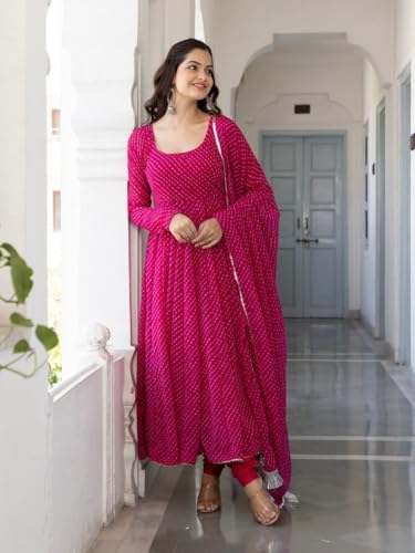 Image of Modestouze Attires Women's Rayon Printed Kurta Set | U Neck Full Sleeve Fit Flared Anarkali Kurti and Print Dupatta