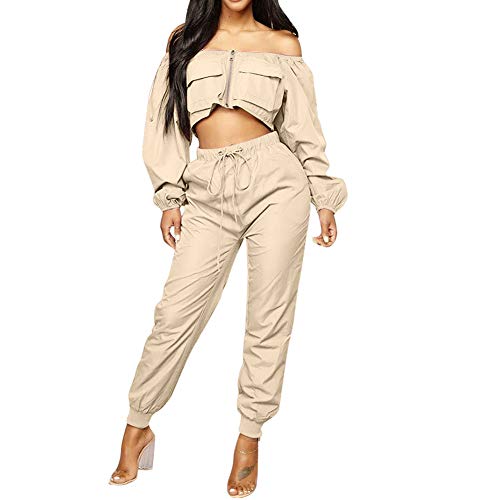 Sexy Two Piece Outfits for Women - Long Sleeve Crop Tops High Waisted Pants Jumpsuit Sexy Club Outfits Khaki