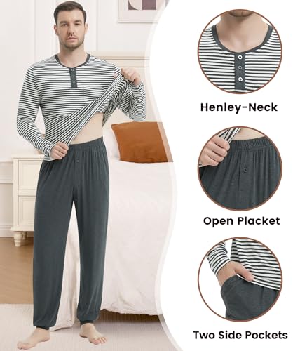 Image of NACHILA Mens Pajamas Set Long Sleeve Henley Sleepwear Top Soft Jogger Pants Pajamas Cool Pjs Set,Viscose Made from Bamboo