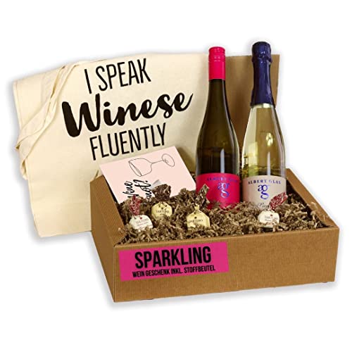 Wein Geschenk Vinolover | Geschenkkorb gefüllt mit italienischen Pralinen, Weißwein und Baumwolltasche | Präsentkorb für Frauen & Männer | Geschenkset | Geschenkidee Schokolade Cover