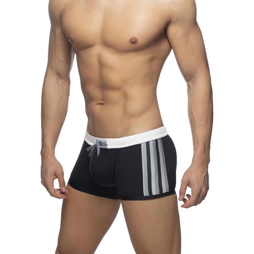 Men's Brand Swimming Trunks Side Strips Surfing Swim Briefs Beach Short Pants Male Suit Swimwear (US, Alpha, Medium, Regular, Regular, White)