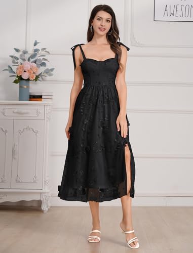 Spaghetti Strap Embroidered Floral Dress for Women Wedding Formal Tulle Prom Corset Dress Smocked Split Midi Tea Party Dress2