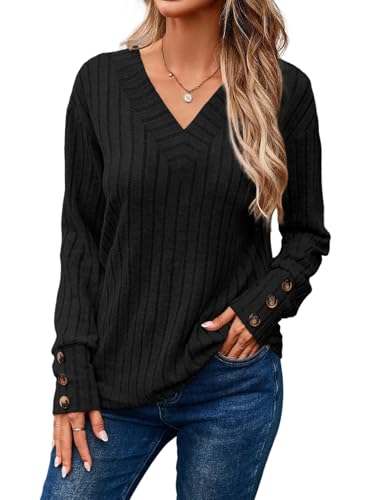 Image of Dokotoo Womens Tops V Neck Lightweight Sweater Fall Long Sleeve Top 2026 | Decorative Buttons, Soft Breathable Knit Material, Pullover Tunic Tops, Business Casual, Fall Outfits, Winter Clothing 2026
