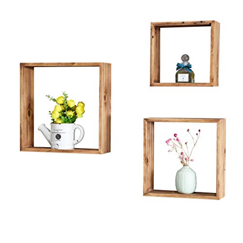 Homewell Set of 3 Square Floating Shelves, Solid Fir Wood Cube Wall Shelves