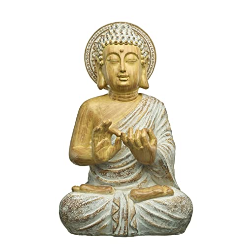 TERESA'S COLLECTIONS Grande Statue de Bouddha avec Lumières de la Maison (Pile Non Incluse), Statue de Bouddha en Résine Imitation Bois, Bouddha de Zen Spirituelle Intérieure, Non Étanche 31cm