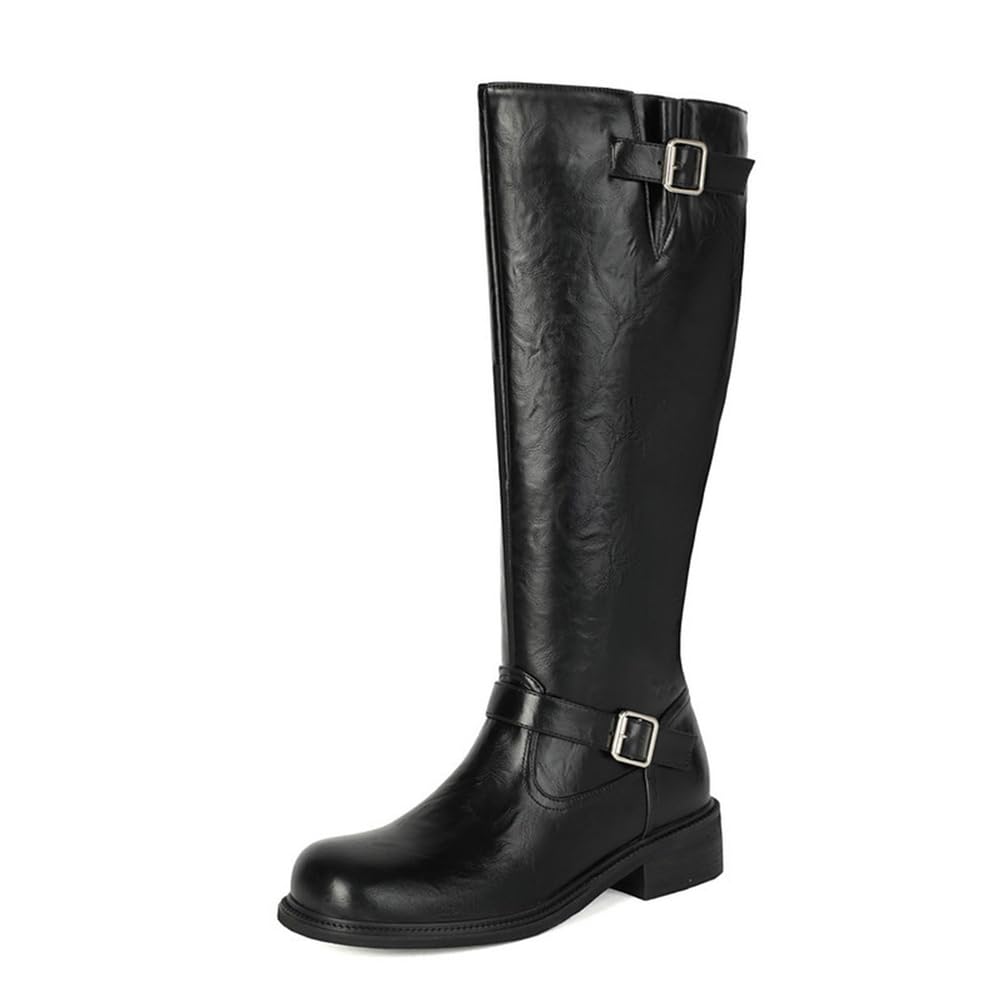 Womens Knee High Boots Faux Leather Wide Calf Riding Long Boots with Metal Buckle And Zipper