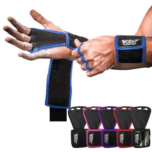 JerkFit WODies Gymnastics & Weightlifting Grips with Wrist Wraps – 3 Hole Versatile Gym Gloves for Pull Ups, Gym Training & Cross Training – Hand Grips Palm Protector for Men & Women (Royal Blue, L)