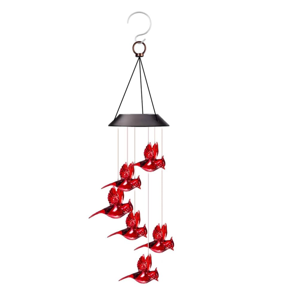 Wedhapy Red/Light Solar Wind Chimes Cardinal Bird,Solar Cardinal Bird Wind Chime With 6 Vivid Hummingbirds Multicolor Led ,Courtyards, Decorations,Cardinal