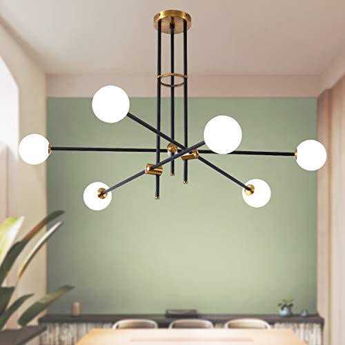 Jaycomey Sputnik Chandelier,Geometric Line Chandelier Adjustable Shape, 6-Lights Modern Black Pendant Light for Bedroom Living Dining Room Hallyway Bar,Include 6 Glass Lampshades