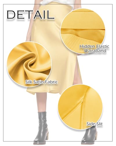Image of Amy Babe Womens Satin Silk High Waist Slit Midi Skirt Long Skirts for Women | Elastic Waistband, Side Split, Midi Length, Below the Knee, Silky Fabric, Elegant, Fall Winter Outfits