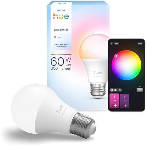 Philips Hue Essential Smart LED A60 Bulb, White and Color Ambianc...
