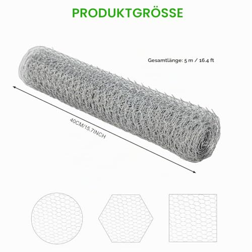 0.4 x 5 m Maschendraht Verzink, Kaninchendraht, Hasendraht Drahtzaun, Hühnerdraht Feinmaschig, Dechseckgeflecht für Tierzäune, Handwer ksartikel, Gemüsegarten, Heimwerker und Heimdekore