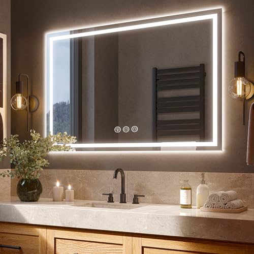 Ratsamee LED Bathroom Wall Mirror with LED Lights - 700×1000 MM Anti-Fog Vanity Mirror, 3-Color Dimmable Frontlit Illumination for Makeup, Wall Mounted Bathroom Lighting