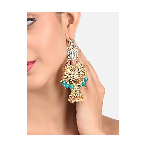 ZAVERI PEARLS Base Metal Mesmerising Long Kundan Jhumki Earring for Women (ZPFK9133, Gold, Green) - Image 3