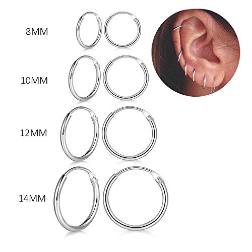 4 Pairs Sterling Silver Cartilage Small Hoop Earrings Set Hypoallergenic 14K White Gold Plated Endless Helix Tragus Earrings Nose Lip Rings, 8Mm 10Mm 12Mm 14Mm #TOP3