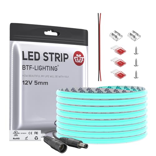 Image of BTF-LIGHTING FCOB COB LED Strip Ice Blue 5mm Width UL Listed Super Narrow Flexible Uniform Light DC12V 16.4FT CRI 90+ Dimmable LED Ribbon for Bedroom Home Indoor Decor(No Adapter or Controller)