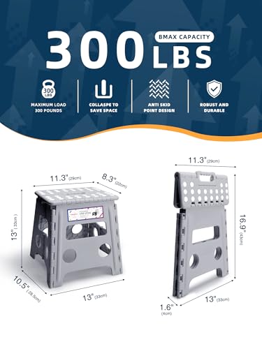 HOUSE DAY 33cm Tritthocker Klappbar - Grau Faltbarer Hocker Tritthocker Tragbarer Klapphocker Faltbar Tritt Klappbar Falthocker Faltbar Klappstuhl Fußhocker falthocker bis 136kg für Erwachsenen