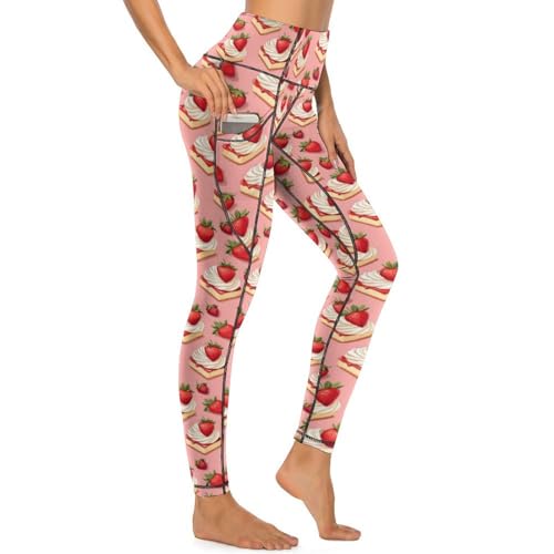 Pantalon de yoga avec poches imprimé gâteau aux fraises et contrôle du ventre