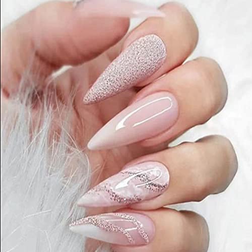 Carufin - 24 uñas postizas francesas de flor de ciruelo, uñas postizas acrílicas de cristal, uñas postizas de ballet para mujeres y niñas (A) Cover