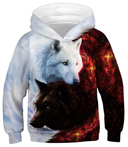 Teens Cool Wolf Pullover Sweater for Boys Fasion Red Flaming Galaxy Hoodies 14 15 16 Years Juniors 3D Print White Black Long Sleeve Spring Outfits Young Girls School Loose Fit Sports Sweatshirts