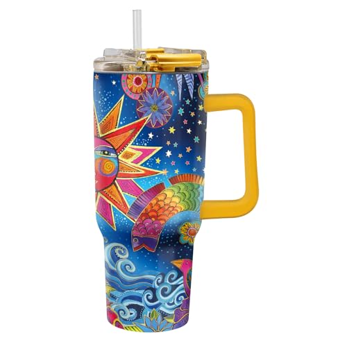 RainCaper 18/8 Stainless Steel Insulated Water Tumbler with Straw | 30oz, BPA-Free, Double Wall for Hot & Cold | Travel-Friendly, Cup Holder Ready (Laurel Burch Celestial Magic)