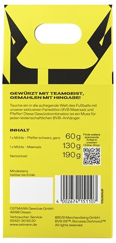 Ostmann BVB x Ostmann – Gewürzmühlen-Set | Ungemahlenes Meersalz und ganzer schwarzer Pfeffer in der Borussia Dortmund Fanedition | BVB Gewürze zum Verschenken | 130 g Salz / 60 g Pfeffer
