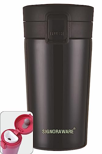 Image of Signoraware Hot Pour Coffeemate Insulated Mug, Vacuum Insulated Travel Coffee Mug with Lid, 8 Hours Hot and 14 Hours Cold, 300 ml, Set of 1, Black