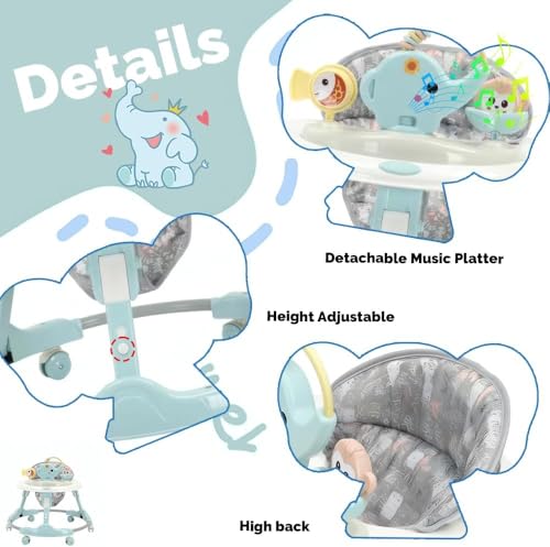 Baby Walker with Wheels, 4 in 1 Walker for Baby Boy Girl 6-12 Months with Bouncer, Music and Lights Baby Jumper Activity Center, Adjustable Height Speed, Push Walker for Toddler (Blue Elephant)