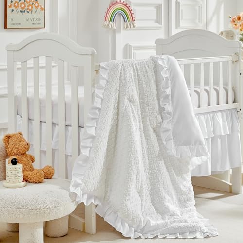 Image of 3 Pieces Tufted Crib Bedding Set with Ruffle Fringe, White Ruffled Comforter with Fitted Sheet and Bed Skirt, Soft and Embroidery Shabby Chic Boho Bohemian Jacquard Design for Baby Girls Boys