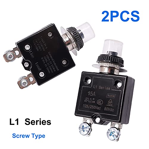 Mxuteuk 2Pcs 15Amp Circuit Breakers Push Button Manual Reset 125/250V Ac 50V Dc, L1 Series Overload Protector Switch Thermal Circuit Breakers With Waterproof Button Caps L1-Ls-15A #TOP1