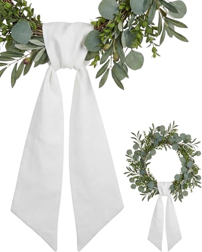 YKW 2 Pack Wreath Sash for Front Door, 5" Wide 55" Long White Linen Look Blank Ribbon Set DIY Embroidery Bundle Christmas Easter Wedding Holiday Elegant Decor