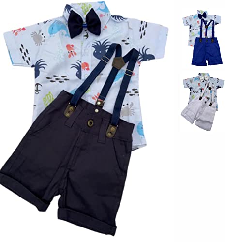 Fundo do Mar Kit Roupa Conjunto Infantil Menino 4 Peças Camisa Gravata Bermuda e Suspensório Anivers