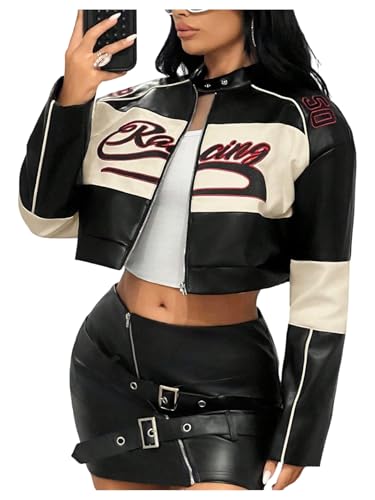 leather double zip jacket black M 短丈 Y2K Amazon.com: SOLY HUX Women's Y2K Faux Leather Zip Up Crop Graphic