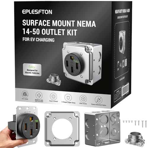 EPLESFTON Nema 14-50 EV Outlet with Surface Mount Box Kit, 50 amp EV Charging Straight Blade Device Receptacle Heavy Duty, Industrial Grade, 3-Pole 4-Wire Grounding, 50A 125/250V,ETL Listed,Black