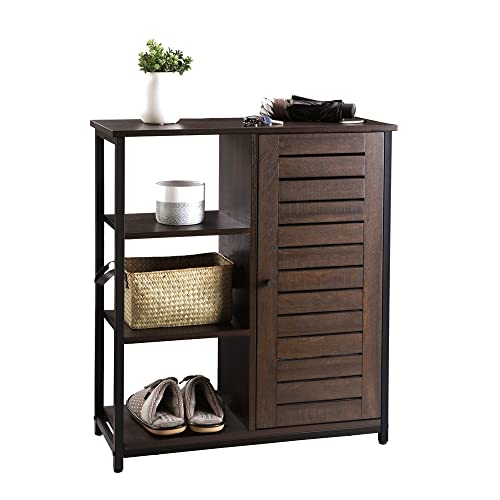 Fivegiven Retro Bathroom Floor Storage Cabinet With Door/3 Side Shelves Rustic Industrial, Espresso #TOP3