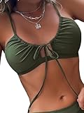 SweatyRocks Women's Halter Cut Out Bikini Top Solid Drawstring Front Swimsuit Top Army Green Large