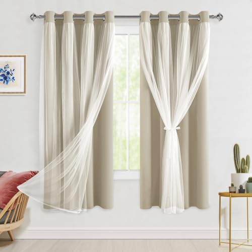 Hiasan Blackout Curtains with Sheer Overlay, Taupe, 52W X 63L, 2pcs