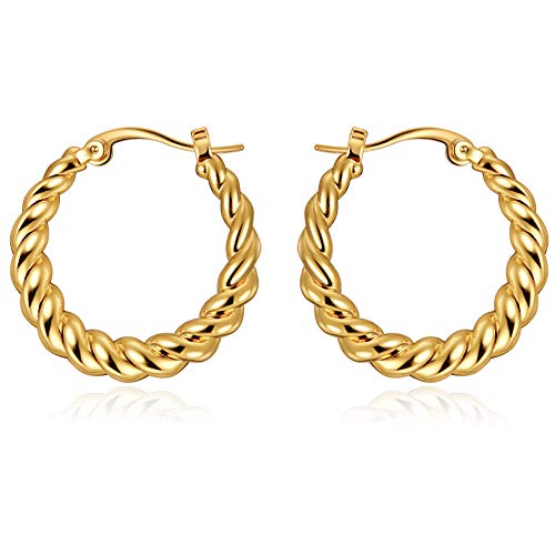 Gold Hoop Earrings 14K Gold Plated High Polished Lightweight Hoops Twisted Gold Small Hoop Earrings for Women Girls Valentine's Day