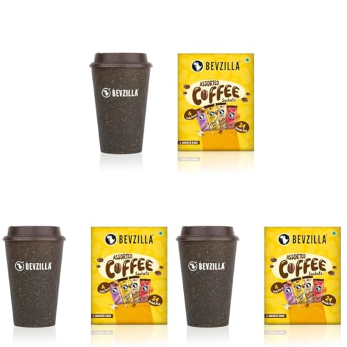 Image of Bevzilla 24 Assorted Coffee Sachets & Tumbler Pack | Eco-Friendly Coffee Tumbler | Best for Espresso, Latte & Cappucino (Pack of 3)