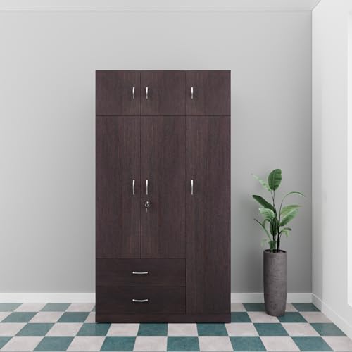 Image of VIKI Wardrobe | Wooden Almirah for Clothes,Door for Bedroom, 3 Door Loft Wardrobe with Drawer & Hanging Space (Dark Wenge - 40D x 120W x 220H) | 1 Year Warranty | Free Assembly