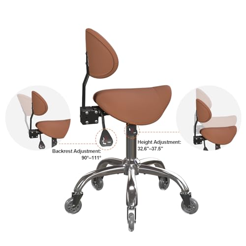Image of Saddle Stool with Back Support, 350LBS Ergonomic Rolling Chair, Brown | 350 LBS Load, Height Adjustable, 360 Swivel Casters, Ergonomic Backrest, Multi-Use for Salon, Tattoo, Spa, Dentist