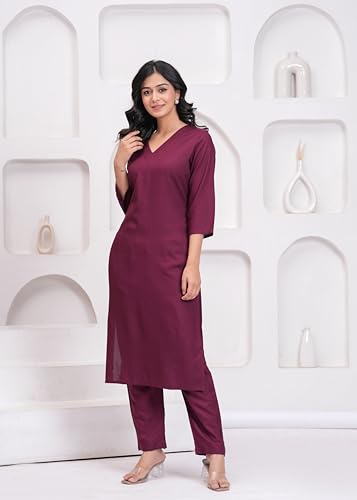 Image of ANILINE Women's Rayon Solid plain v neck kurta Trouser /Pant set