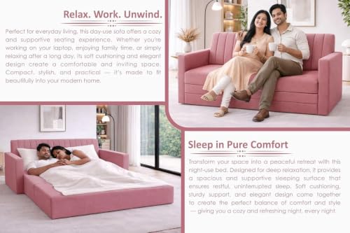 Image of Rosebell Foldable Sofa-Cums-Bed | 3-in-One Convertible Couch with Armrest | Modern Fabric Sofa for Living Room, Bedroom & Office-Rose Pink-Color