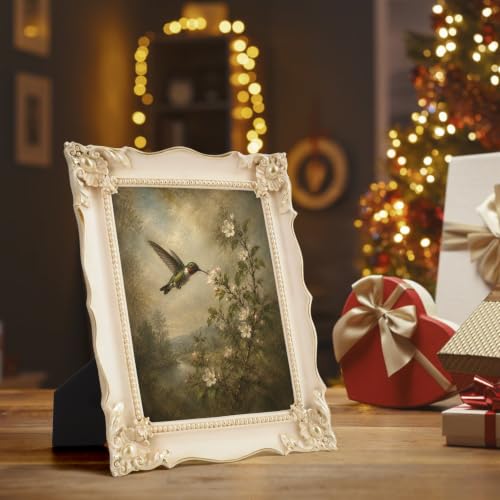 Image of Saysmile 8x10 Vintage Picture Frame with Embossed Flower Design, White Ornate Frame for 8x10 or 5x7 Pictures with White Mat, Hand-Crafted Resin Antique Frames for Tabletop & Wall Hanging, Home Decor (White)
