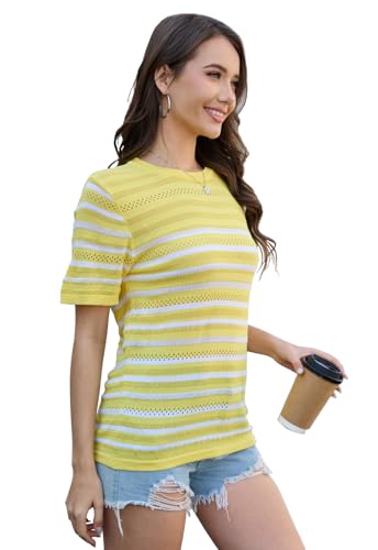 Image of ANCAPELION Women's Short Sleeve Sweater Top Striped Knit Crew Neck Pullover for Summer Trendy Shirts