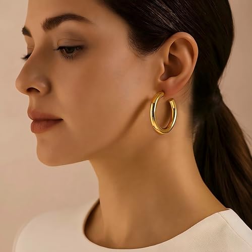 12 Pairs Chunky Gold Hoop Earrings for Women Trendy, Gold Plated Lightweight Hypoallergenic Stack, Thick Open Twisted Huggie Hoops Earring Set2